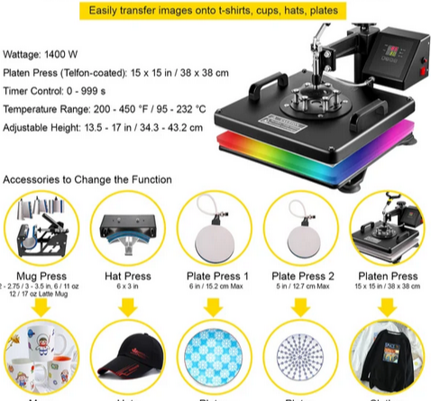 VEVOR-Presse à chaud pour t-shirt, imprimante à transfert de chaleur, sublimation multifonctionnelle pour tasse, latte, chapeau, assiette, bouteille 8 en